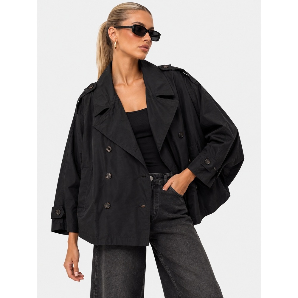 Ruti Black Double Breasted Batwing Cape Jacket Epaulets Pocket S M NWOT New